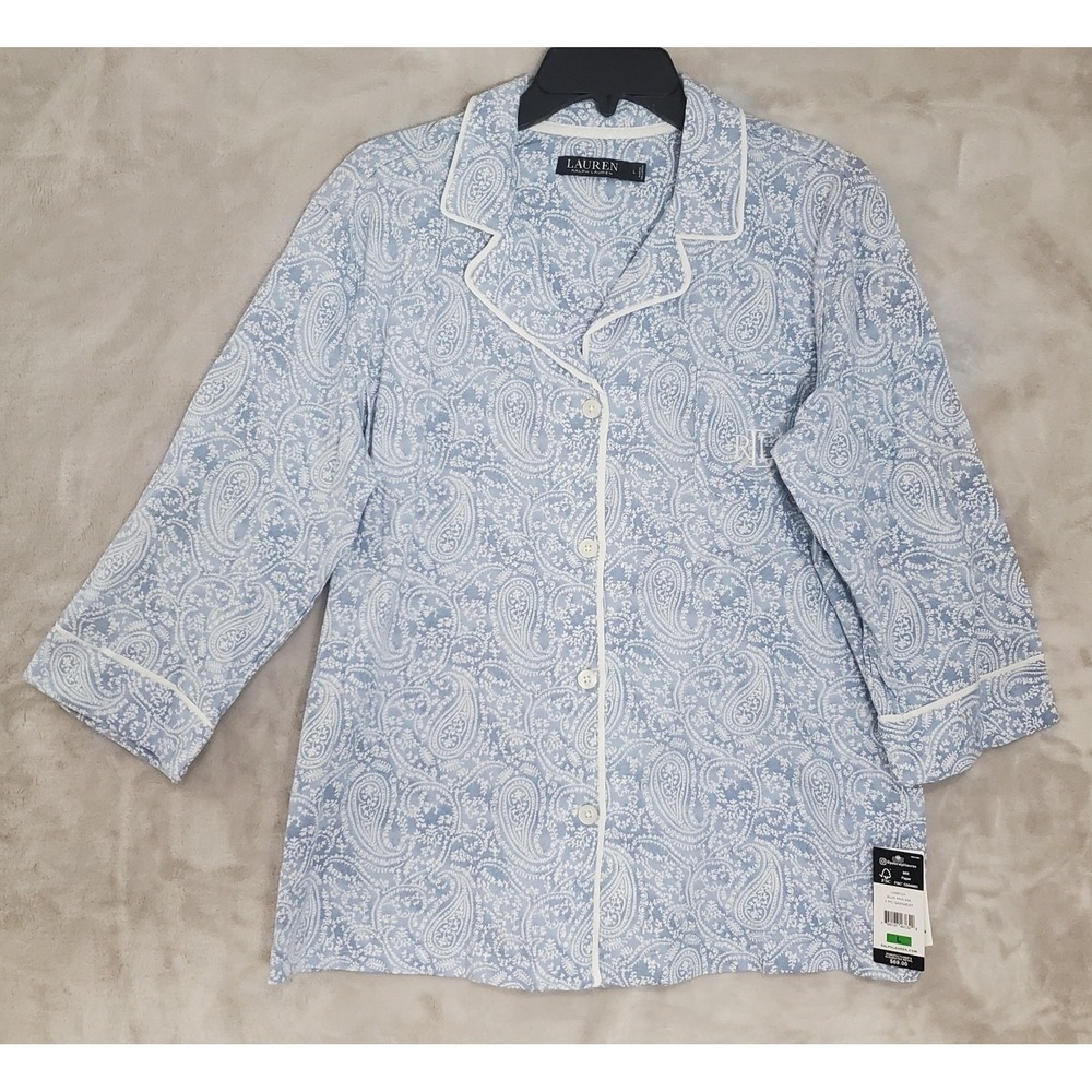 Lauren Ralph Lauren Pajama Top ONLY Womens L Blue White Paisley Black Label NWT
